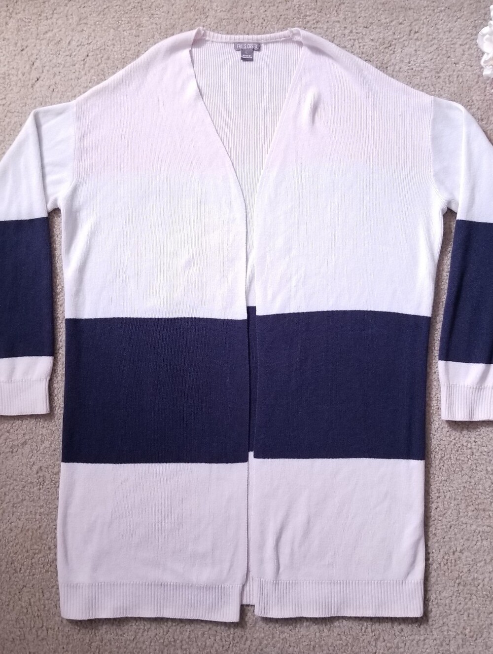 Falls Creek Long Thin Pink White and Navy Cardigan